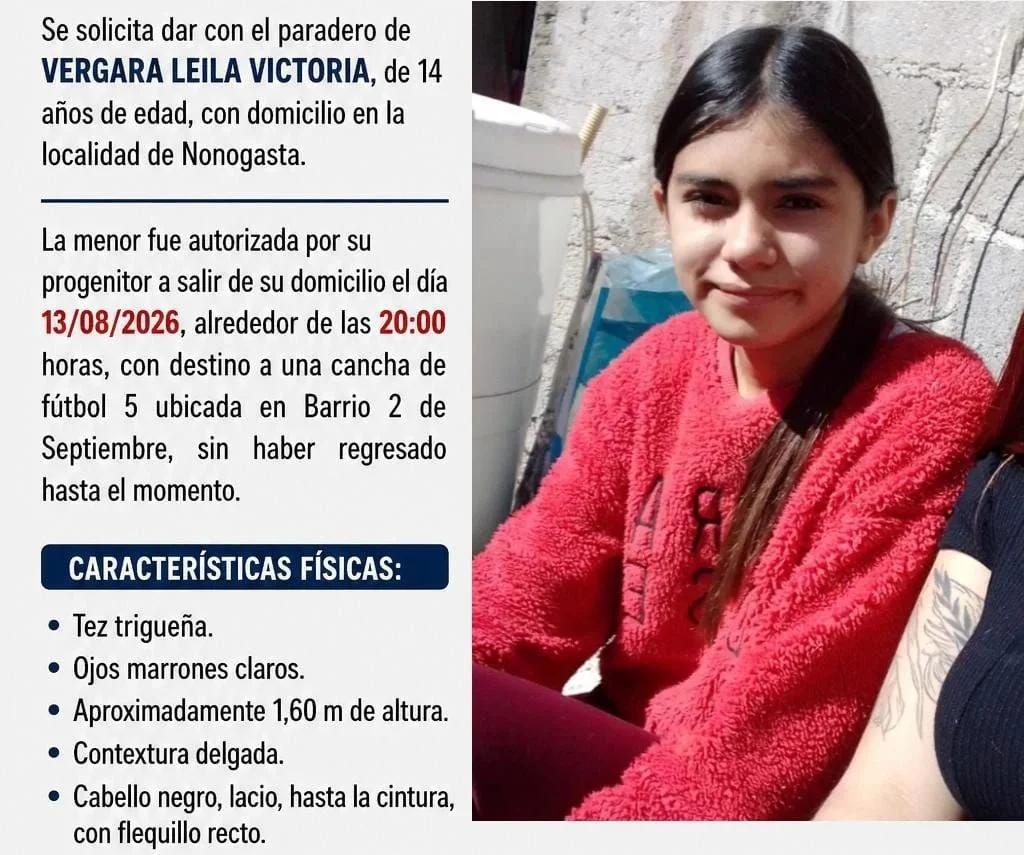 Buscan a Leila Victoria Vergara, adolescente de 14 años en Nonogasta