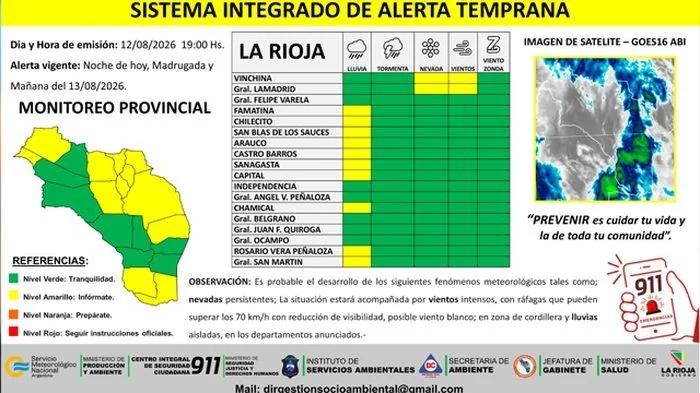 Alerta amarilla por lluvias, nevadas y fuertes vientos en La Rioja